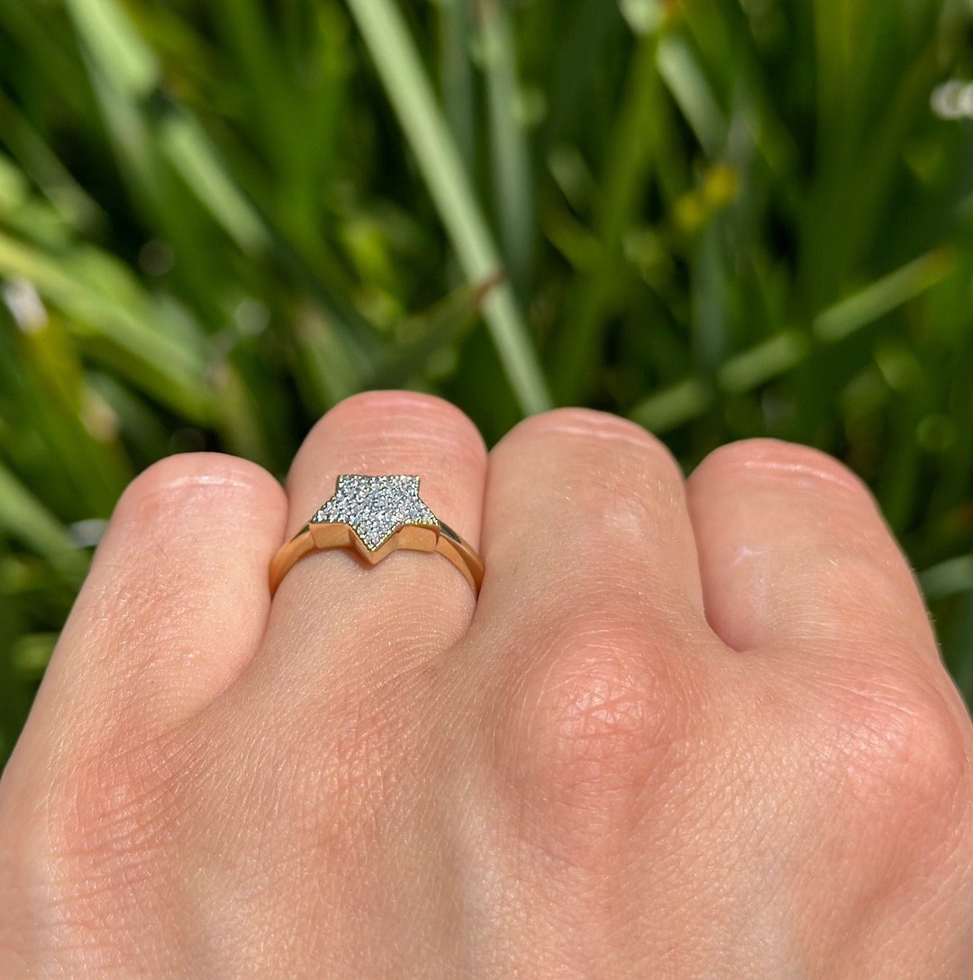 10K Gold Star Round Diamond Band .20CT Band Bridal Ring Women Gold Ring