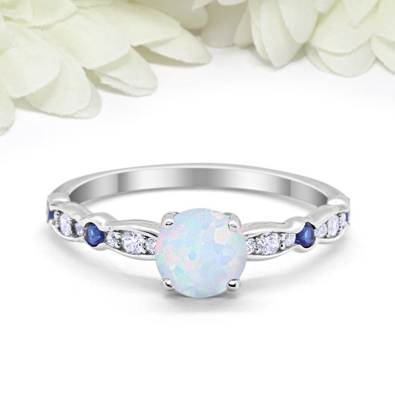 Art Deco Round Sapphire CZ Lab White Opal Wedding Engagement - Etsy