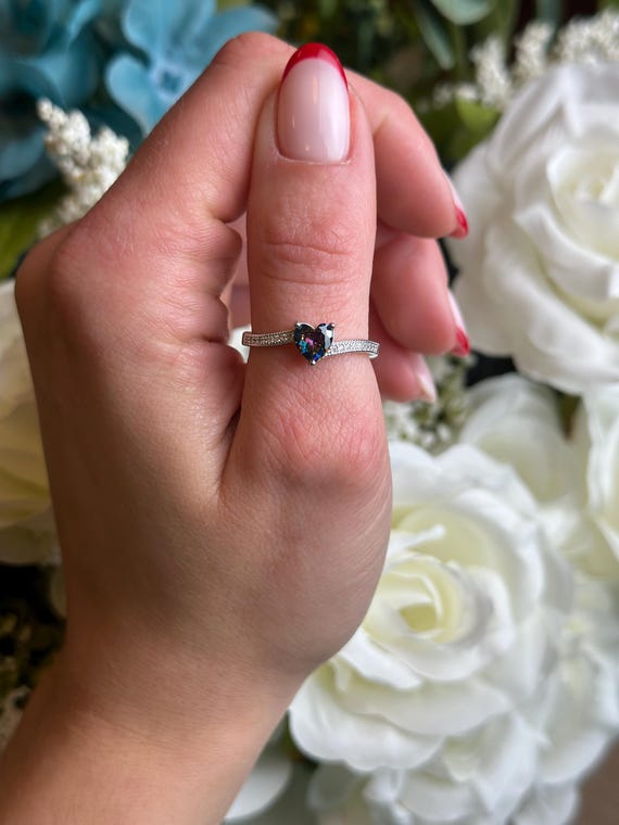 Sterling Silver Rainbow Simulated Topaz Heart Ring | Love Band Size 5 | 925 Silver Heart Ring For Women