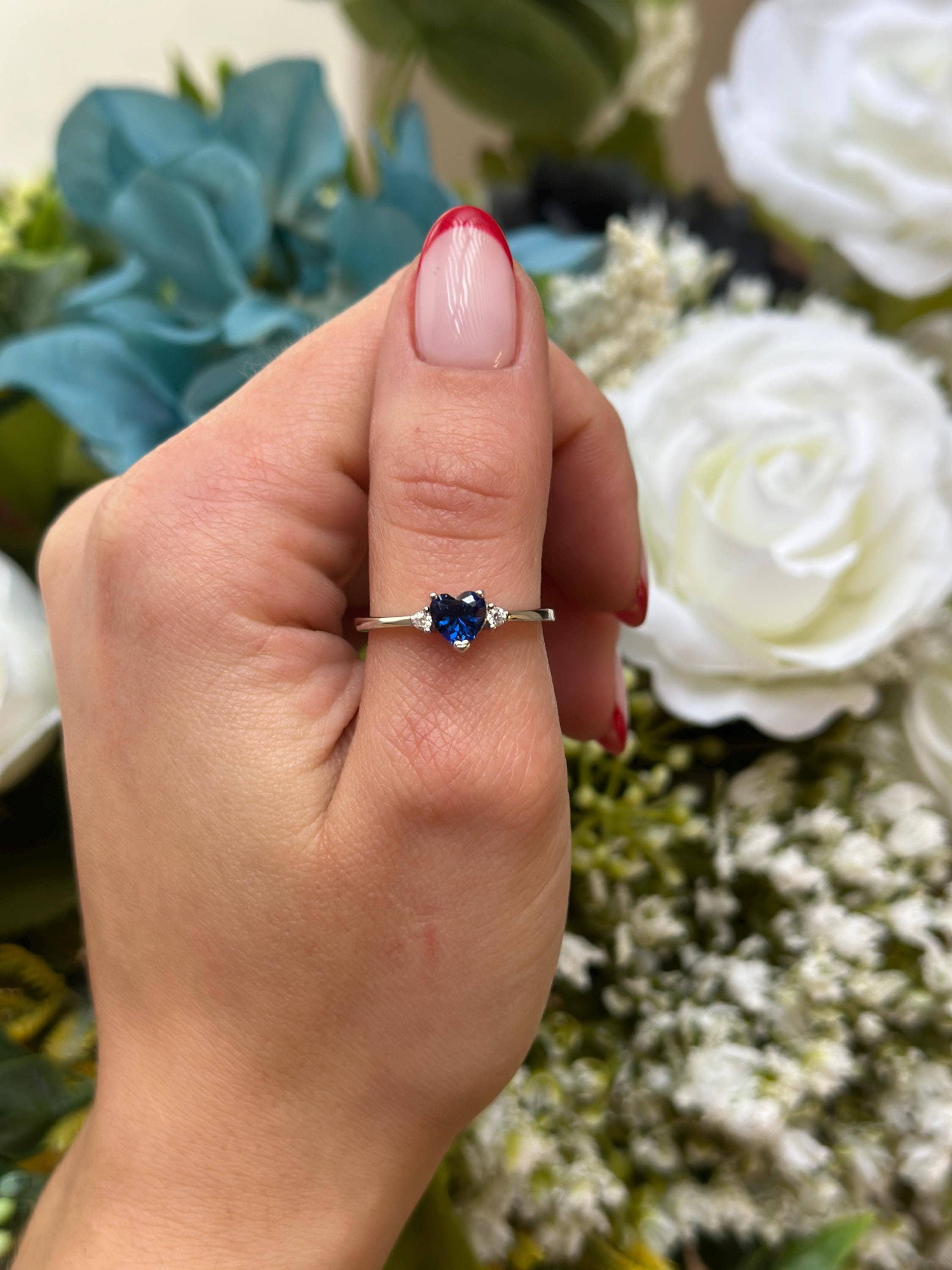 Heart Blue Sapphire CZ Promise Ring: Sterling Silver Simulated