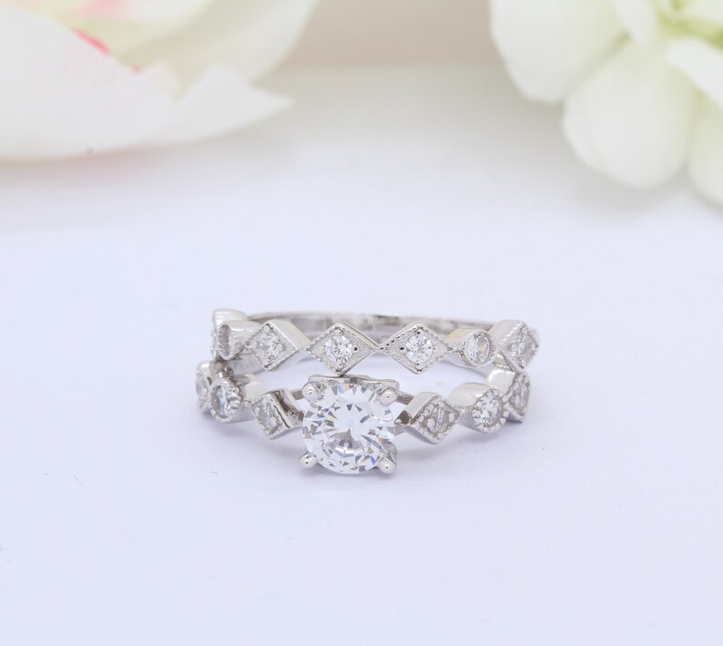 Vintage 1.00ct Round Simulated Diamond Art Deco Accent Wedding Engagement Bridal Set Ring Band Two Piece Round CZ 925 Sterling Silver