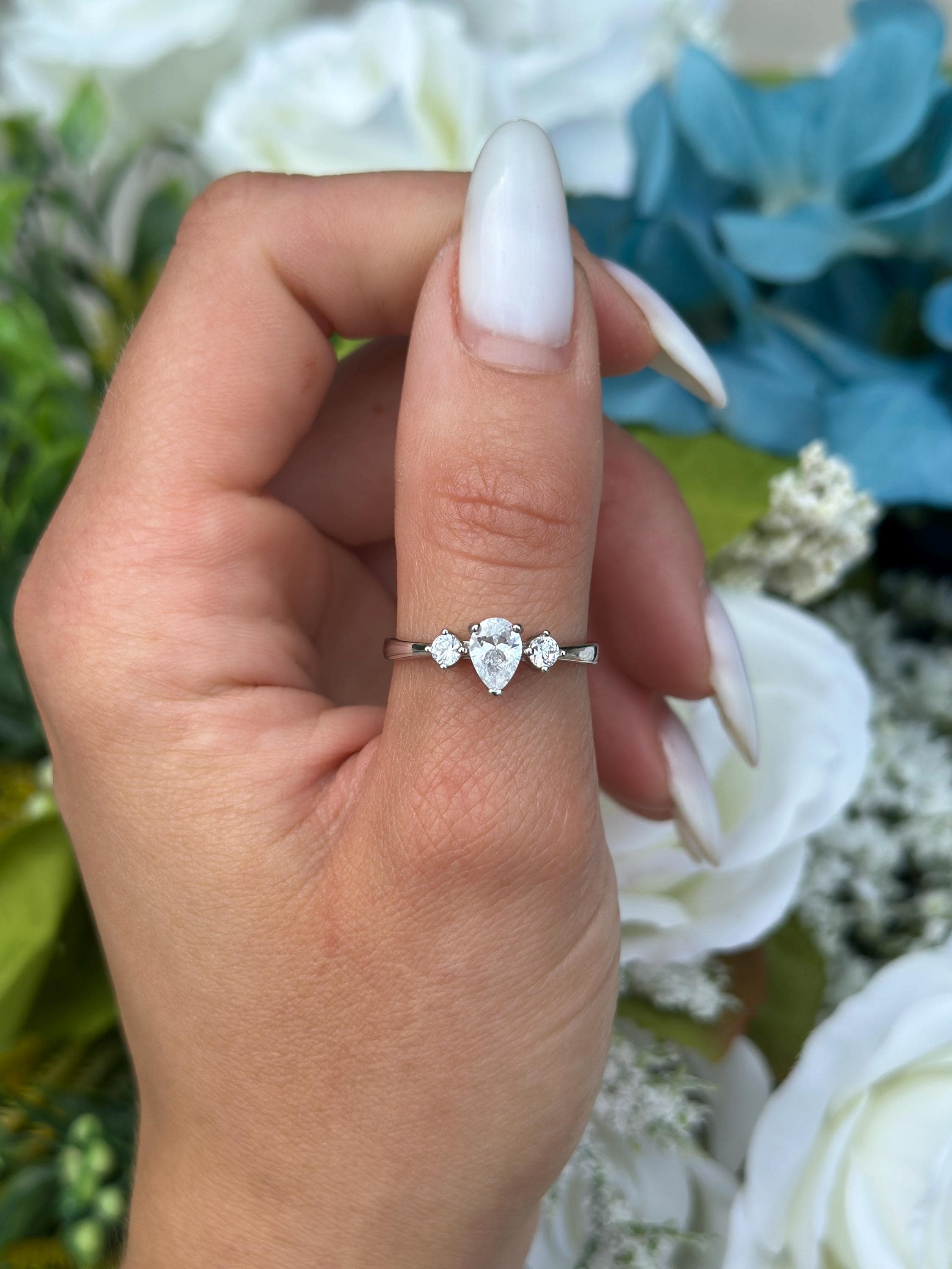 Pear Teardrop CZ Bridal Ring, Sterling Silver Three Stone