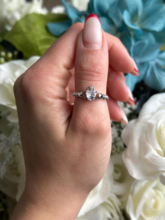 Sterling Silver Claddagh Heart Promise Ring - Choose Your Color & Size - View #3