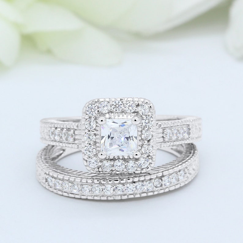 0.75 Carat Princess Cut Round Simulated Diamond Art Deco Halo Dazzling Wedding Engagement Ring Band Two Piece Bridal Set 925 Sterling Silver image 1