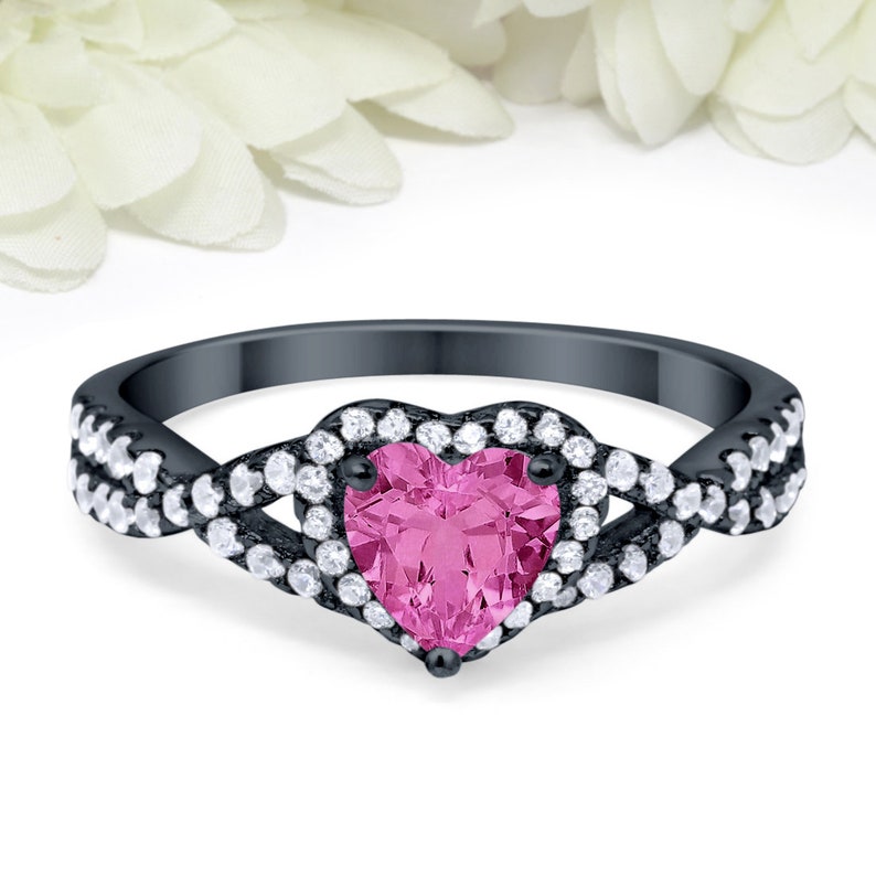 Halo Heart Promise Ring Heart Pink CZ Round Simulated Diamond Black Gold 925 Sterling Silver Infinity Twist Shank