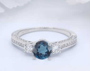 NATURAL GENUINE Three Stone 1.00 Ct London Blue Topaz 14k Gold Round 0.51ct Natural Diamond Vintage Art Deco Wedding Engagement Bridal Ring