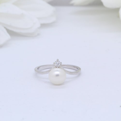 Freshwater Pearl Halo Wedding Engagement Ring Bridal Round Etsy