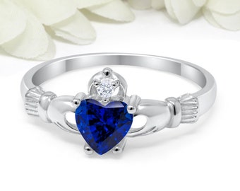 Claddagh Ring Promise Ring 925 Sterling Silver CZ Round Heart Blue Sapphire CZ Simulated Diamond Accent Engagement Ring September Stone