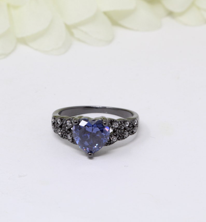 Art Deco 1.74CT Heart Tanzanite CZ Promise Ring Black Gold Sterling Silver Round Simulated Diamond