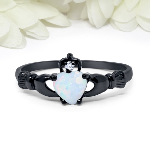 Claddagh Ring Irish Black Gold Sterling Silver Lab White Opal Irish Claddagh Engagement Ring Round Diamond CZ