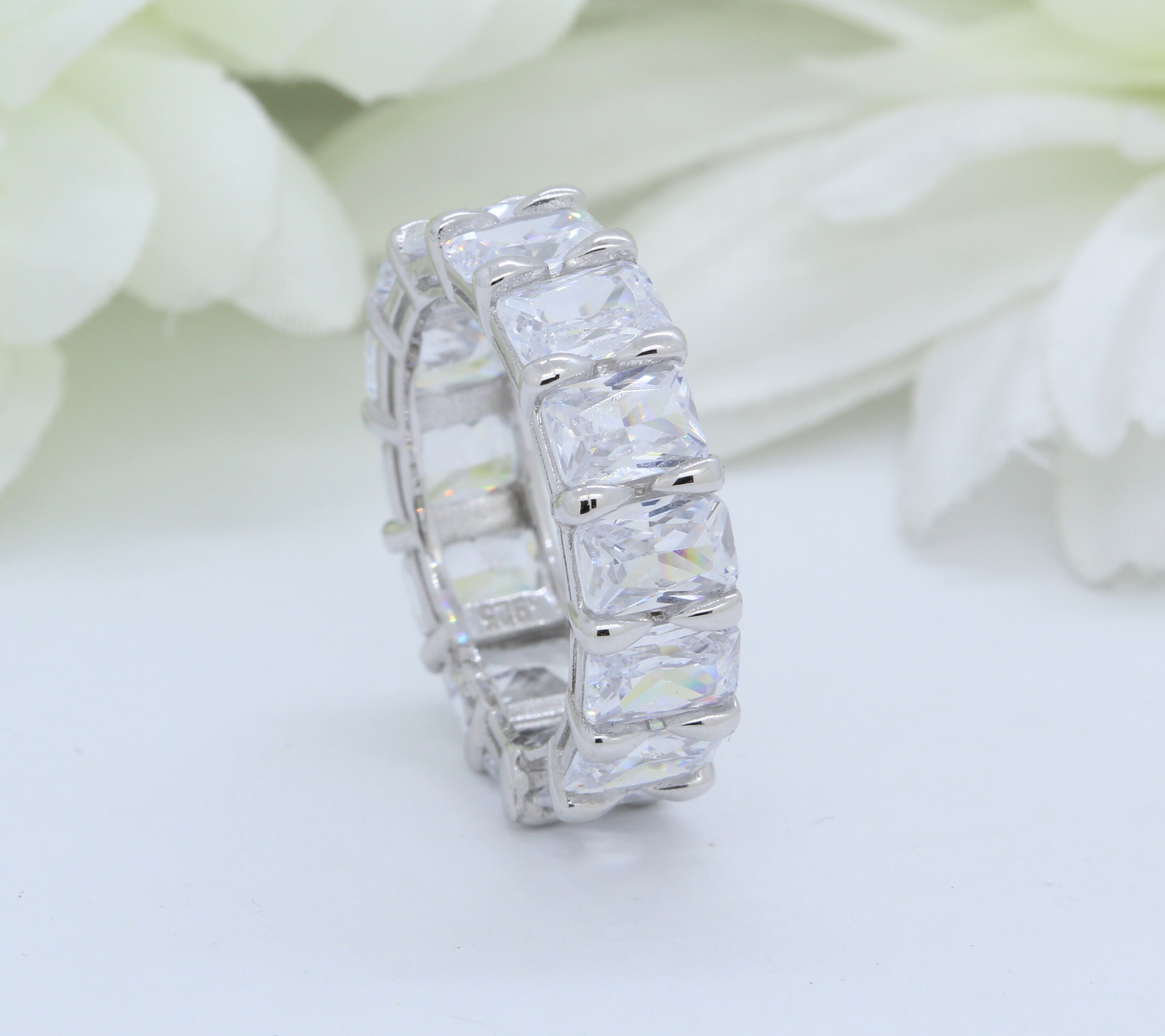 6mm Art Deco Full Eternity Stackable Stacking Emerald Cut Simulated Diamond CZ Wedding Band Ring 925 Sterling Silver Wedding Bridal Band