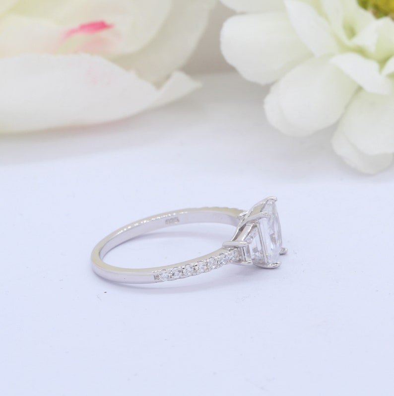 Three Stone 3-Stone Emerald Cut Diamond CZ Wedding Engagement Bridal Promise Ring Round Diamond CZ 925 Sterling Silver