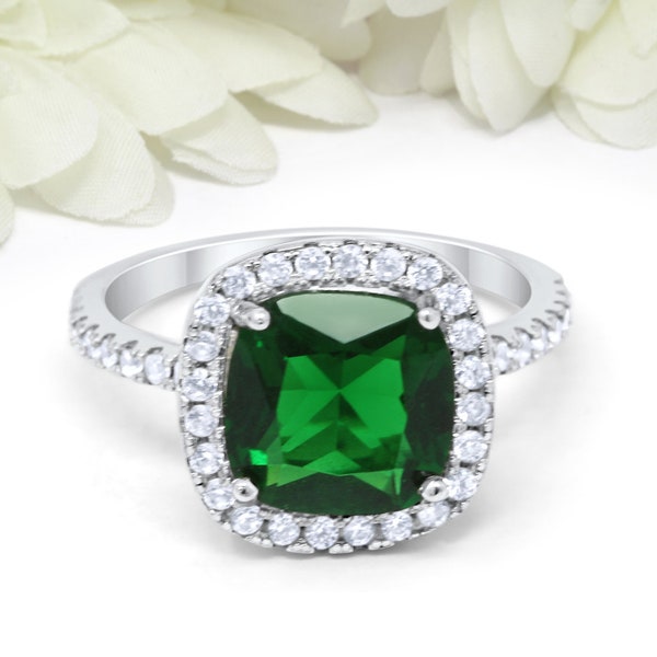 Halo Cushion Cut 2.75 Carat Simulated Emerald Green Wedding Engagement Ring Round Diamond CZ Accent Sterling Silver