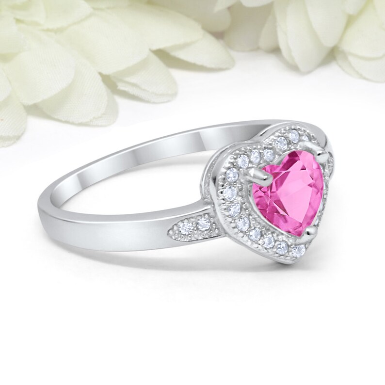 925 Sterling Silver Halo Heart Promise Ring Heart Pink Topaz Etsy