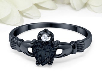 Claddagh Ring Irish Black Gold 925 Sterling Silver Heart Simulated Black Diamond CZ Irish Claddagh Engagement Ring