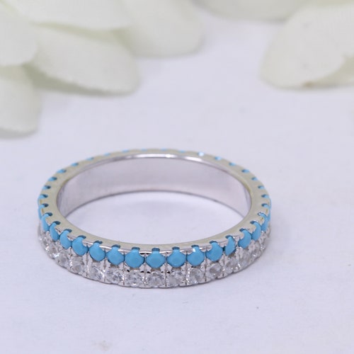 Turquoise Ring Half Eternity Wedding Band CZ Diamond Eternity - Etsy