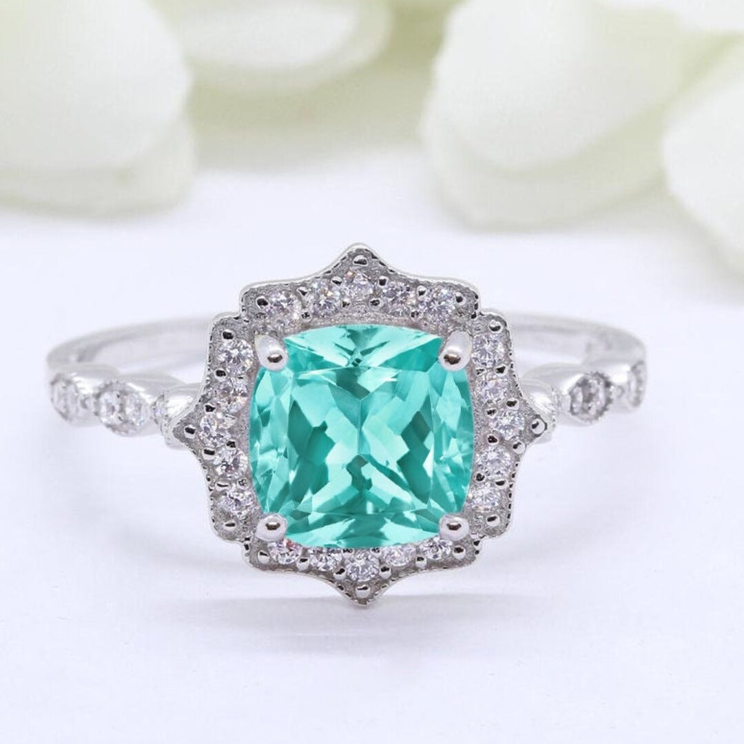 Vintage Art Deco Halo Cushion Cut Paraiba Tourmaline Wedding Engagement