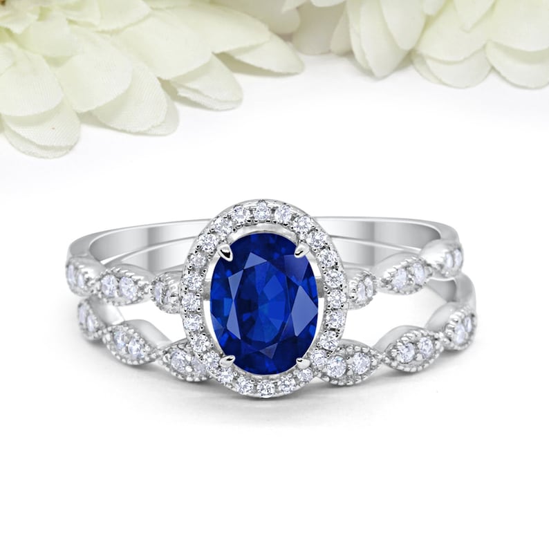 1.65 Carat Oval Blue Sapphire CZ Art Deco Solitaire Accent Dazzling Wedding Engagement Ring Band Two Piece Round CZ Sterling Silver image 1