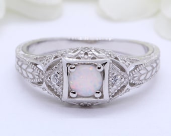 Art Deco Vintage Wedding Engagement Ring Lab White Opal Round Simulated Diamond Accent 925 Sterling Silver