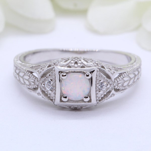 Art Deco Vintage Wedding Engagement Ring Lab White Opal Round Simulated Diamond Accent 925 Sterling Silver