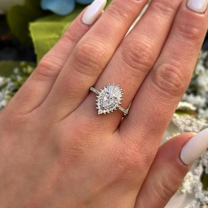 Vintage Halo Art Deco Teardrop Wedding Engagement Ring 0.70 Carat Pear Baguette Round Diamond CZ Solid 925 Sterling Silver Bridal