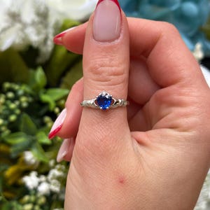 Claddagh Ring Promise Ring 925 Sterling Silver CZ Round Heart Blue Sapphire CZ Simulated Diamond Accent Engagement Ring September Stone