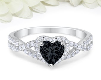 Halo Heart Promise Ring Black Diamond CZ Heart Round Simulated Diamond 925 Sterling Silver Infinity Twist Shank