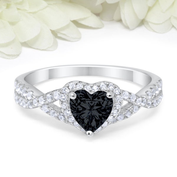 Halo Heart Promise Ring Black Diamond CZ Heart Round Simulated Diamond 925 Sterling Silver Infinity Twist Shank