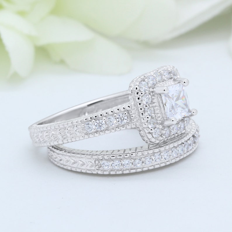 0.75 Carat Princess Cut Round Simulated Diamond Art Deco Halo Dazzling Wedding Engagement Ring Band Two Piece Bridal Set 925 Sterling Silver image 2