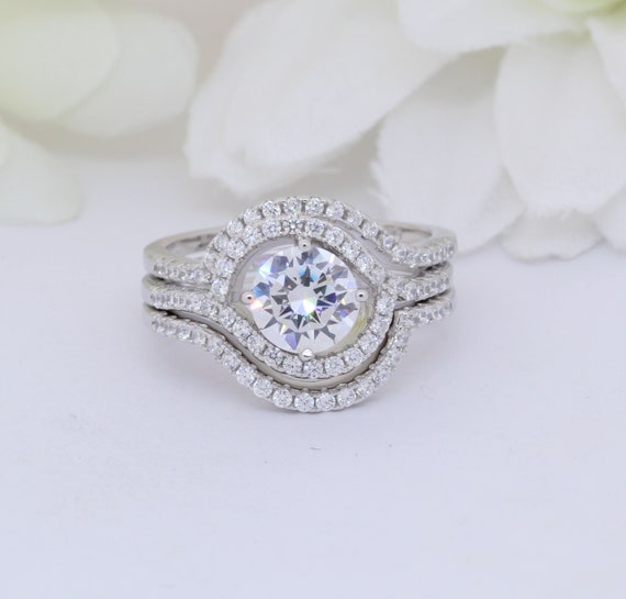 Halo Three Piece Trio Set Wedding Ring Infinity Round Simulated Blue Aquamarine CZ 925 Sterling Silver