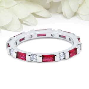 3mm Full Eternity Wedding Band Ring Round Simulated Diamond Baguette Simulated Ruby Alternating Solid 925 Sterling Silver