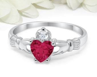 Claddagh Ring Irish Promise Ring 925 Sterling Silver CZ Round Heart Ruby CZ Simulated Diamond Accent Engagement Ring July Stone