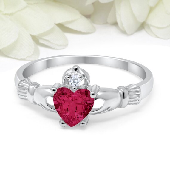 14K White Gold July CZ Stone Claddagh Heart Ring Size 5