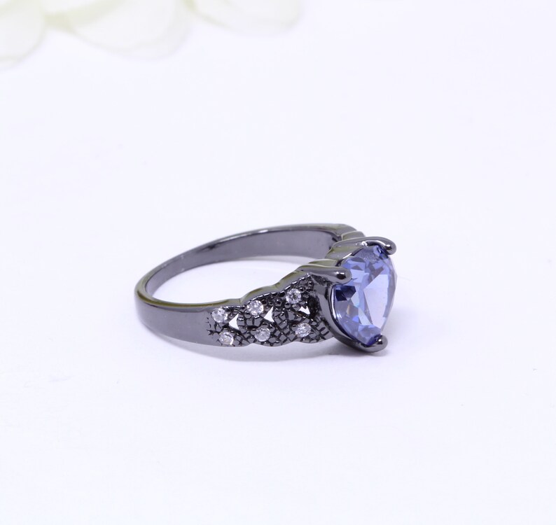Art Deco 1.74CT Heart Tanzanite CZ Promise Ring Black Gold Sterling Silver Round Simulated Diamond