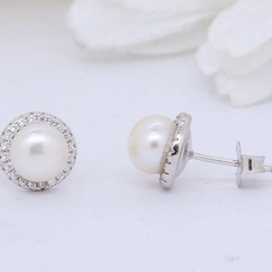 Halo Bridal Pearl Stud Earrings Round Simulated Diamond 925 Sterling Silver Wedding Engagement Bridesmaid