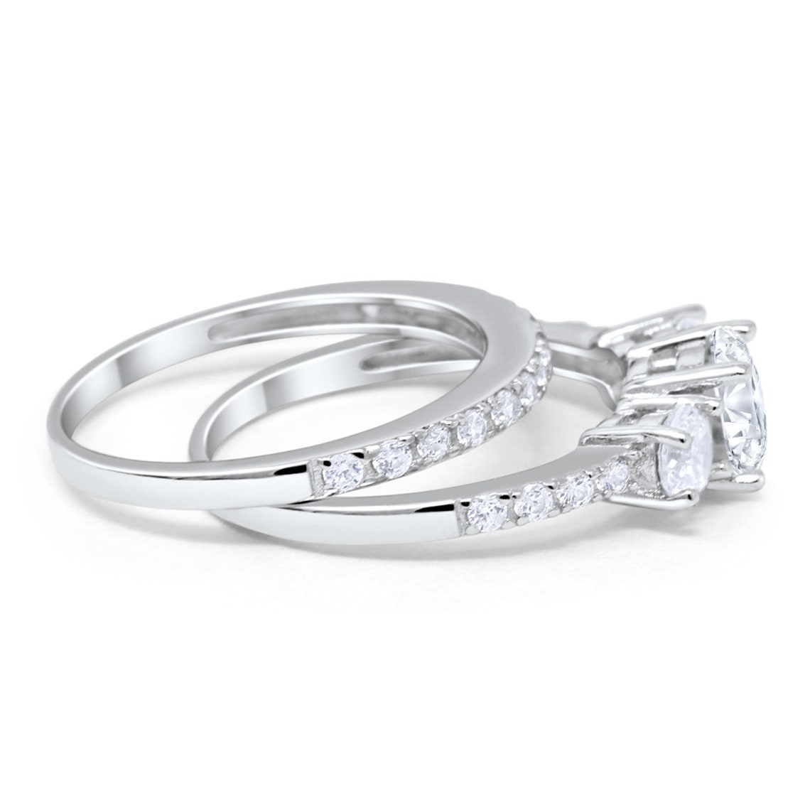 3stone Three Stone Wedding Band Engagement Ring Bridal Set Etsy