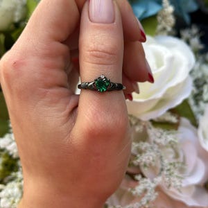 Claddagh Ring Irish Black Gold Sterling Silver Simulated Emerald Green Irish Claddagh Engagement Ring May Stone Round Diamond CZ