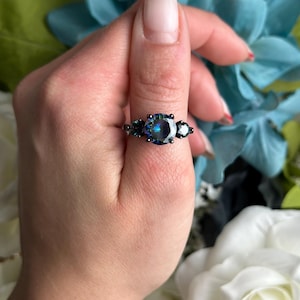 3-Stone 3.87 Carat Mystic Rainbow Fire Topaz Wedding Engagement Cocktail Ring Black Gold PL 925 Sterling Silver Heart Accent Promise Ring