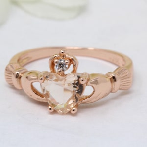 Dainty 10k Rose Gold Open Heart Claddagh Promise Ring With CZ Stone | Rope Design | Size 6