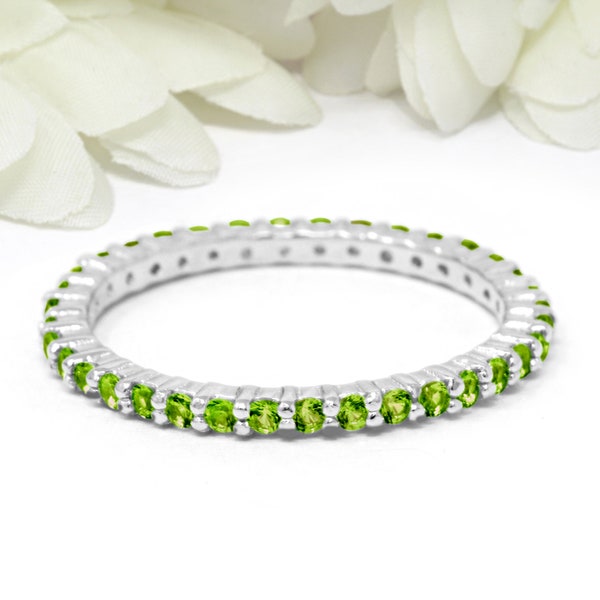 2mm Full Eternity Stackable Stacking Round Simulated Peridot Green Wedding Band Ring 925 Sterling Silver August Stone