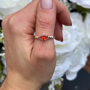 Irish Claddagh Promise Ring Rose Gold Sterling Silver Simulated Deep Red Garnet Round Simulated Diamond Accet Claddagh Engagement Ring