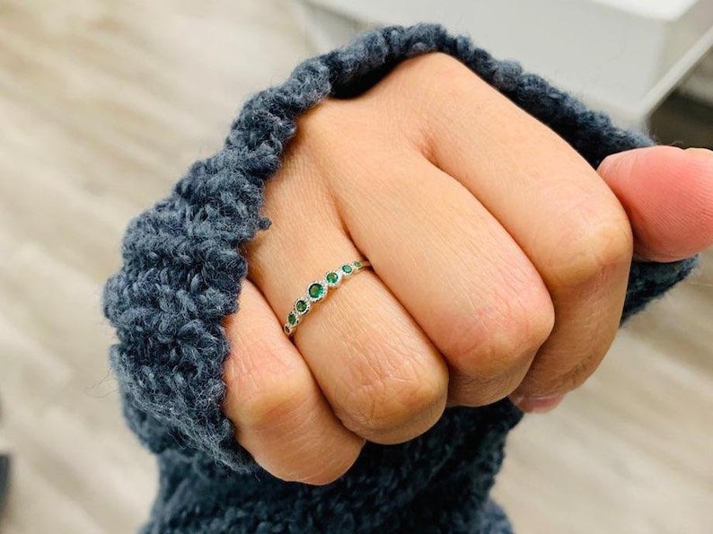 Petite Dainty 2mm Half Eternity Stackable Band Simulated Emerald Green CZ Solid 925 Sterling Silver Bezel Crown