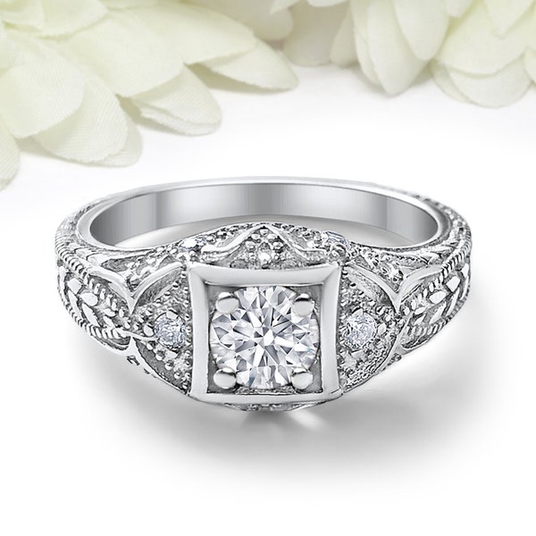 Art Deco Vintage Wedding Engagement Ring 0.84 Carat Round Simulated Diamond Accent 925 Sterling Silver