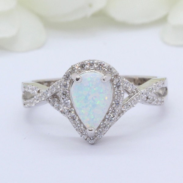 Halo Infinity Shank 1.25 Carat Pear Teardrop Lab White Opal Wedding Engagement Bridal Ring Round Diamond CZ Accent Solid 925 Sterling Silver