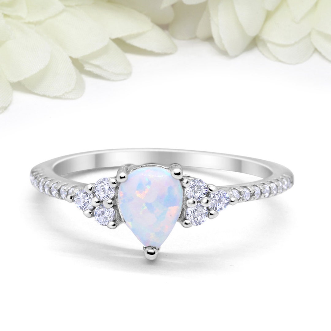 Teardrop Pear Lab White Opal Wedding Engagement Ring Round Simulated ...