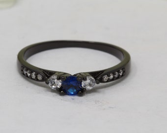 3-Stone Engagement Ring Round Blue Sapphire CZ Simulated Diamond Black Gold 925 Sterling Silver Three Stone Ring