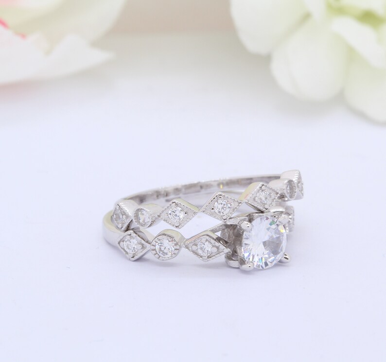 Vintage 1.00ct Round Simulated Diamond Art Deco Accent Wedding Engagement Bridal Set Ring Band Two Piece Round CZ 925 Sterling Silver