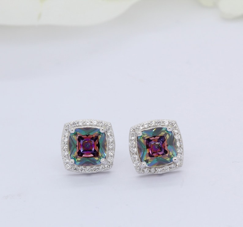 Engagement, Halo Bridal Stud Earrings Cushion Cut 2.00 CT Rainbow Fire Topaz CZ Round Simulated Diamond 925 Sterling Silver Wedding