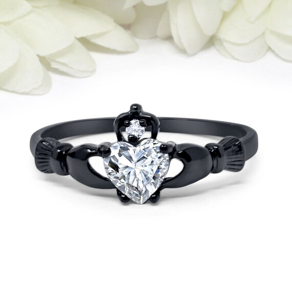 Claddagh Ring Irish Black Gold Sterling Silver Diamond CZ Heart Irish Claddagh Engagement Ring Round Diamond CZ March Stone