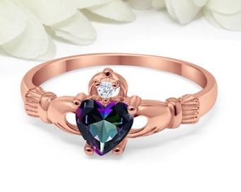 Claddagh Ring Rose Gold Sterling Silver Round Heart Mystic Rainbow Topaz CZ Simulated Diamond Claddagh Engagement Irish Promise Ring
